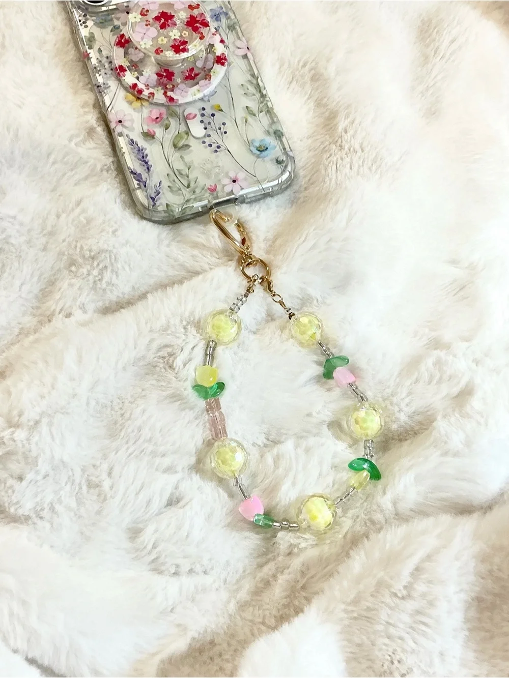 Handmade 🍋 Phone Charm Wristlet with Pastel Yellow & Flower Accents